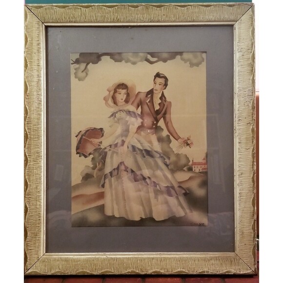 Vintage Art Deco Courting Couple 1940s Watercolor Style Framed Lithograph Signed - Picture 2 of 4